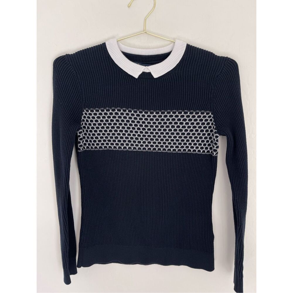 Women’s Navy Ribbed Crew Sweater with White Collar